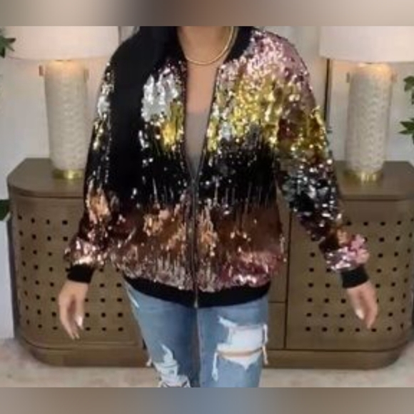GeeGee Sequin bomber jacket Size Large - Picture 2 of 5